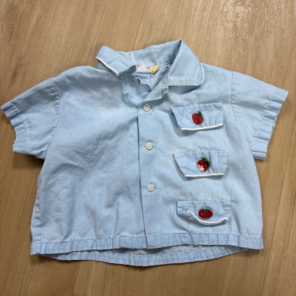 Vintage Toddle Tykes Boys 3-6 Months Blue Button Shirt Strawberry Embroidered